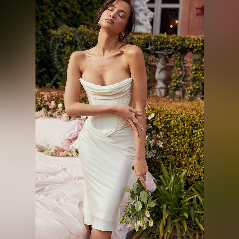 House of CB Sienna Ivory Satin Strapless Corset Midi Dress size XS